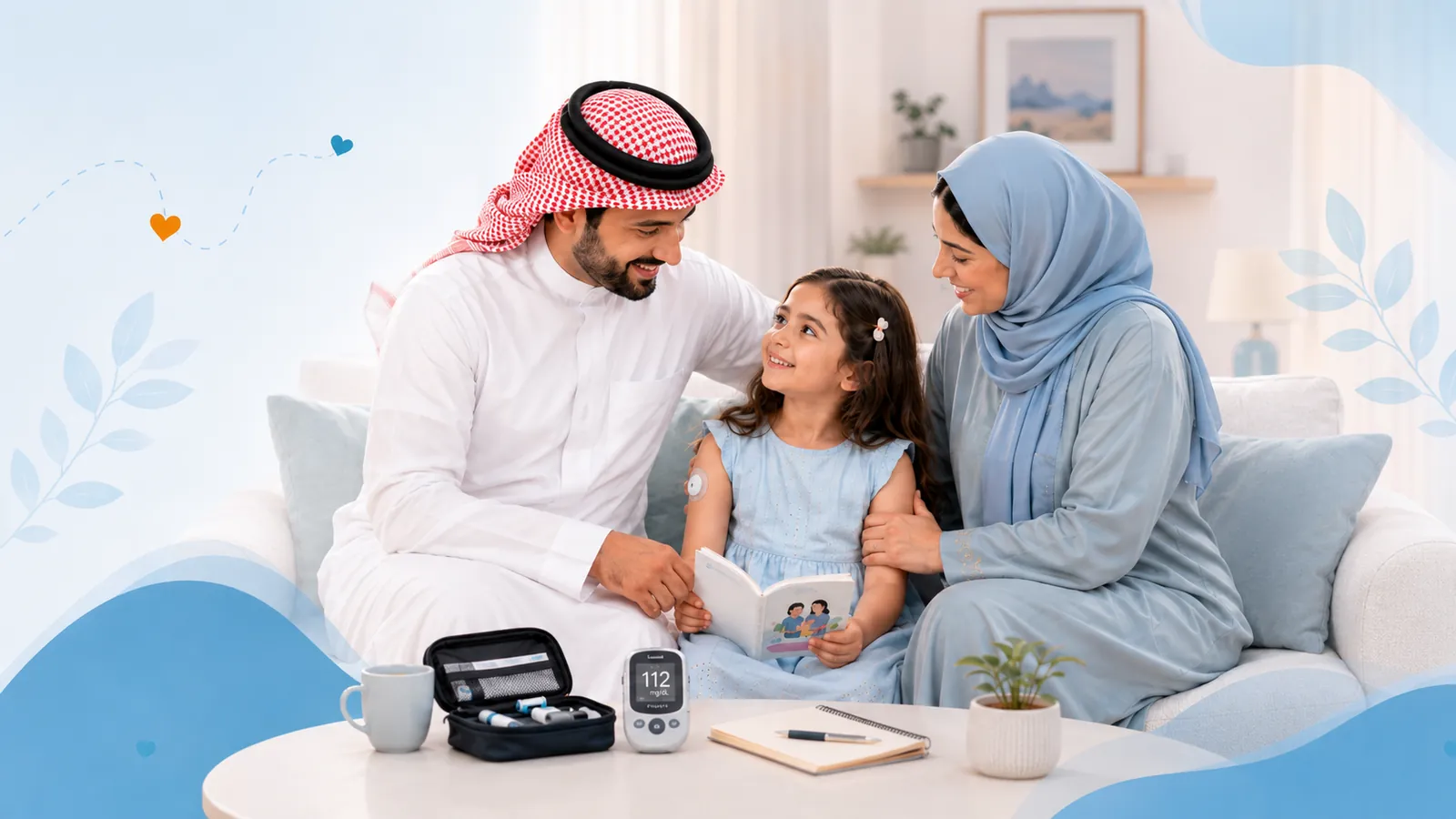عائلة سعودية تجلس بدفء مع طفلها